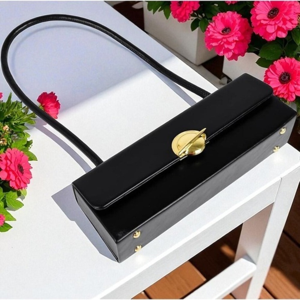 Purse Black Rectangular Shoulder Bag Gold Planet Turn Lock‎ Saturn Clasp Bag - Picture 3 of 8